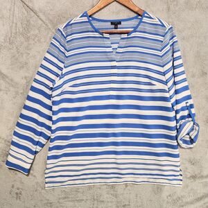 Talbots Blue White Striped Semi Sheer Split Neck Roll Tab Sleeve Blouse Size LP